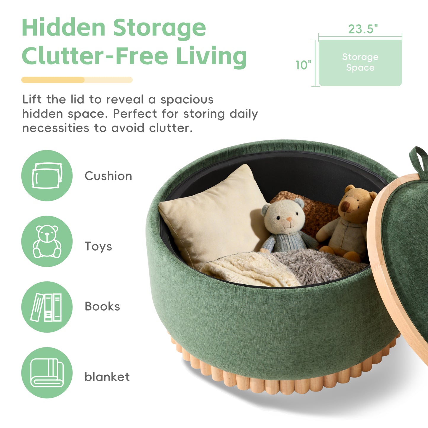 variant-group:rf-n723p405304g|Roomfitters 29 Inch Round Storage Ottoman with Reversible Wooden Tray Top, Upholstered Coffee Table for Living Room, Green
