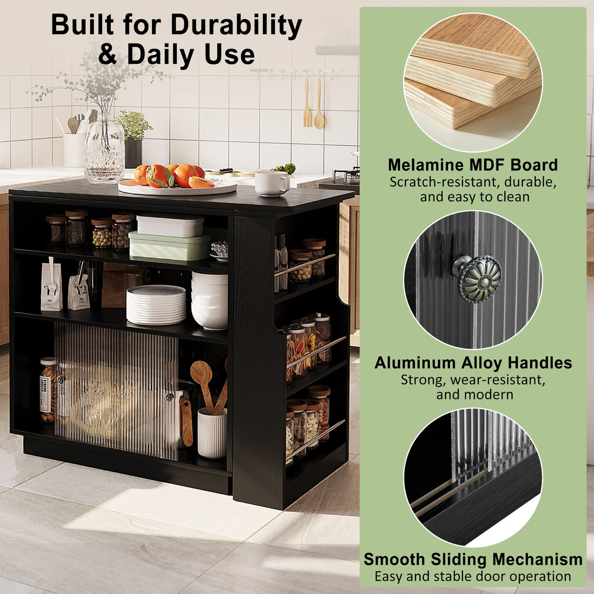variant-group:rf-n711p437809b|Roomfitters Black MDF Counter Height Kitchen Island Sideboard Cabinet, Extendable Table, Acrylic Sliding Doors