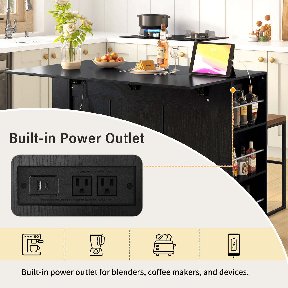 variant-group:rf-n711p437715b|Roomfitters 47.2-Inch Counter Height Bar Cabinet, Black Sideboard Buffet Table, Foldable Drop Leaf, Built-In Power