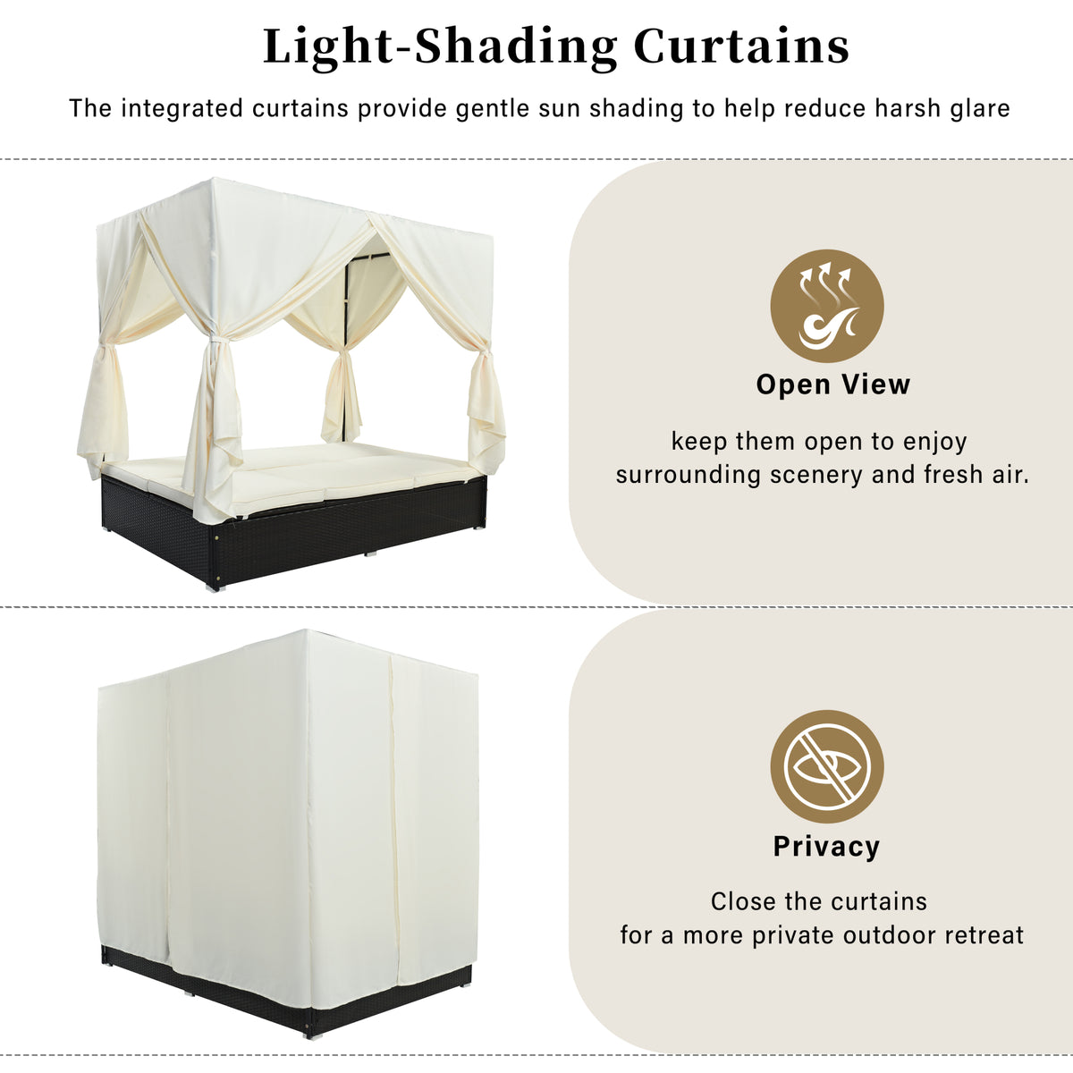 variant-group:rf-n711wy000476aak|Roomfitters Luxury Cabana Beige Outdoor Double Chaise Lounge Patio Daybed, Privacy Curtains, Adjustable Reclining