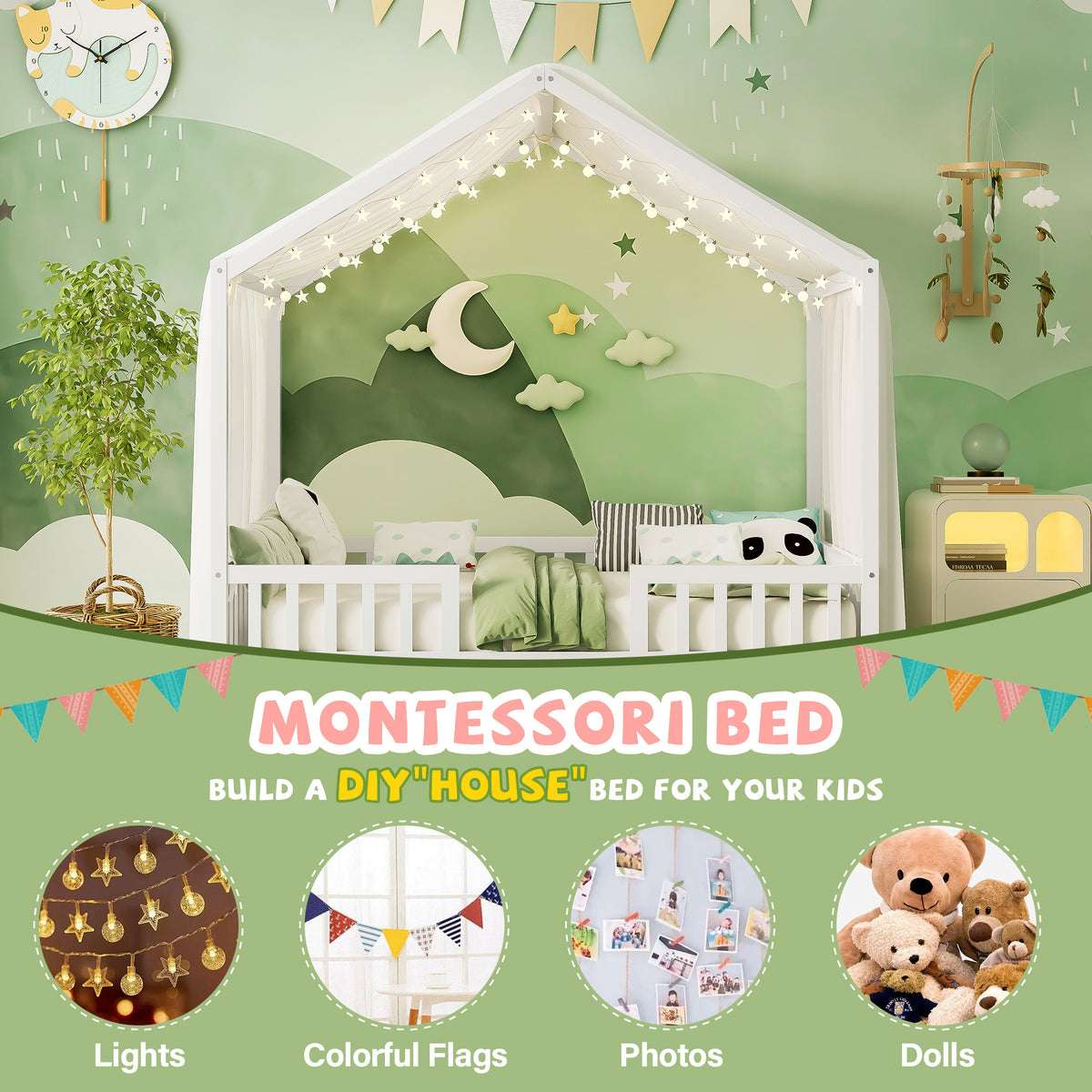 variant-group:rf-n733p356048k|Roomfitters Full Montessori Floor Bed with Canopy, House Shape Wood Frame with Safety Rails, Platform Bed, White