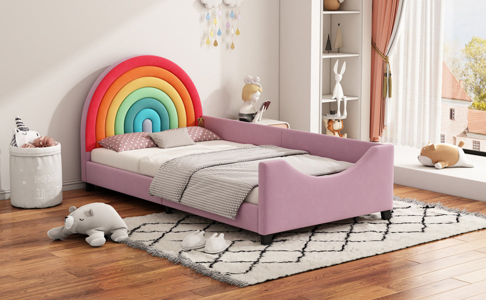 Roomfitters Twin Size Rainbow Upholstered Daybed Frame, Low to Ground Cute Princess Bed, Enclosed Fence, Colorful & Pink Roomfitters