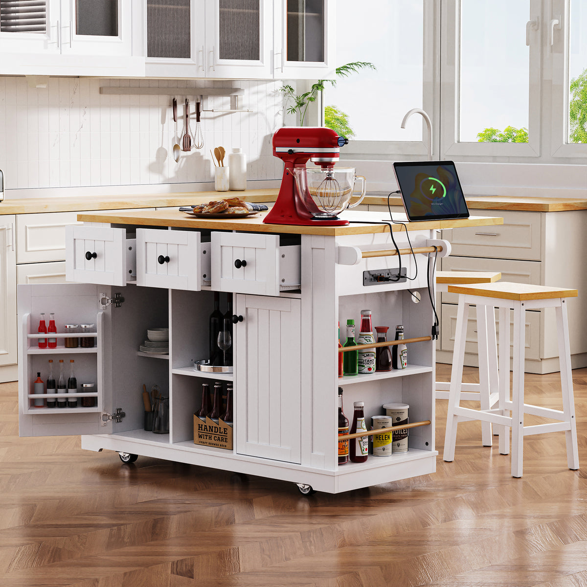 variant-group:rf-n707s003007w|Roomfitters 53" Kitchen Island with 2 Bar Stools, Drop Leaf, Power Outlet, Rolling Kitchen Cart Set with Storage, White