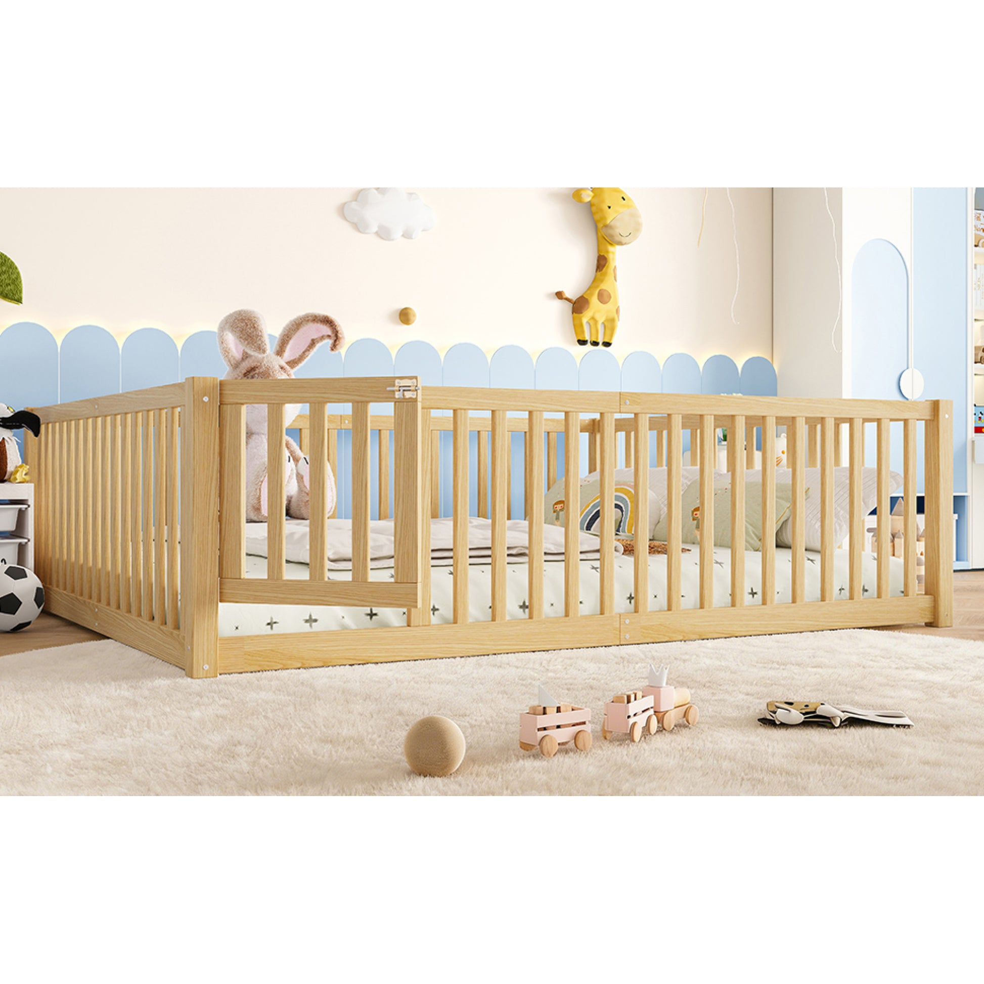 variant-group:rf-w1580p417673|Roomfitters Queen Size Wooden Floor Bed with Safety Guardrails Door, Solid Wood Low Profile Toddler Bed Frame, Natural
