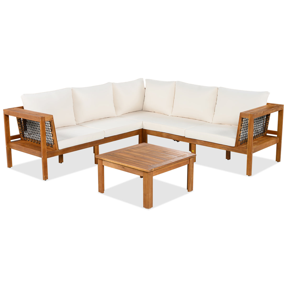 variant-group:rf-n704f201249n|Roomfitters 4-Piece Outdoor Sectional Sofa Set with Coffee Table and Built-in Side Shelves, Wood Frame, Beige+Teak