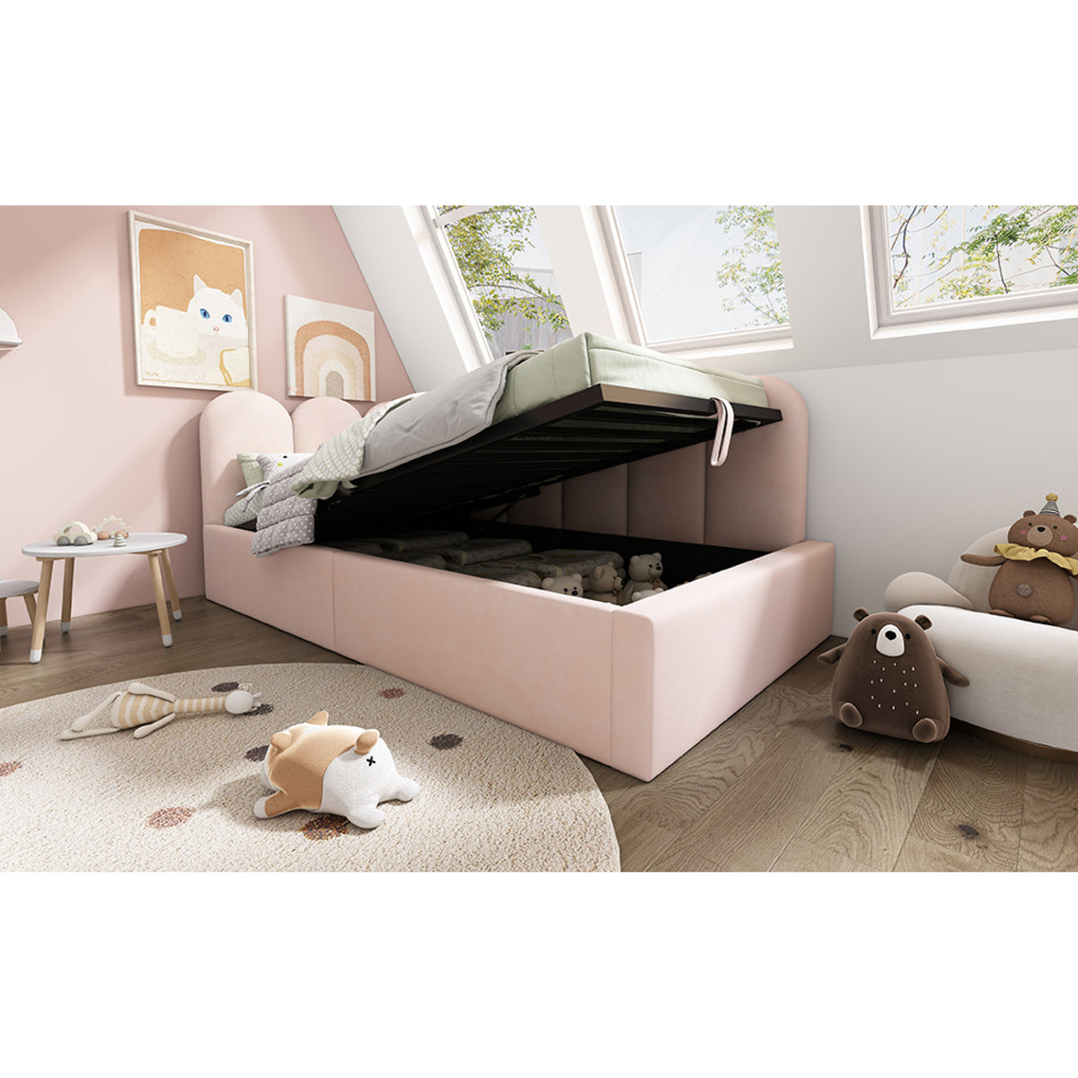 variant-group:rf-n736p333613p|Roomfitters Upholstered Twin Size Ottoman Daybed with Storage, Sofa Bed with Metal Slat Frame, Velvet Pink