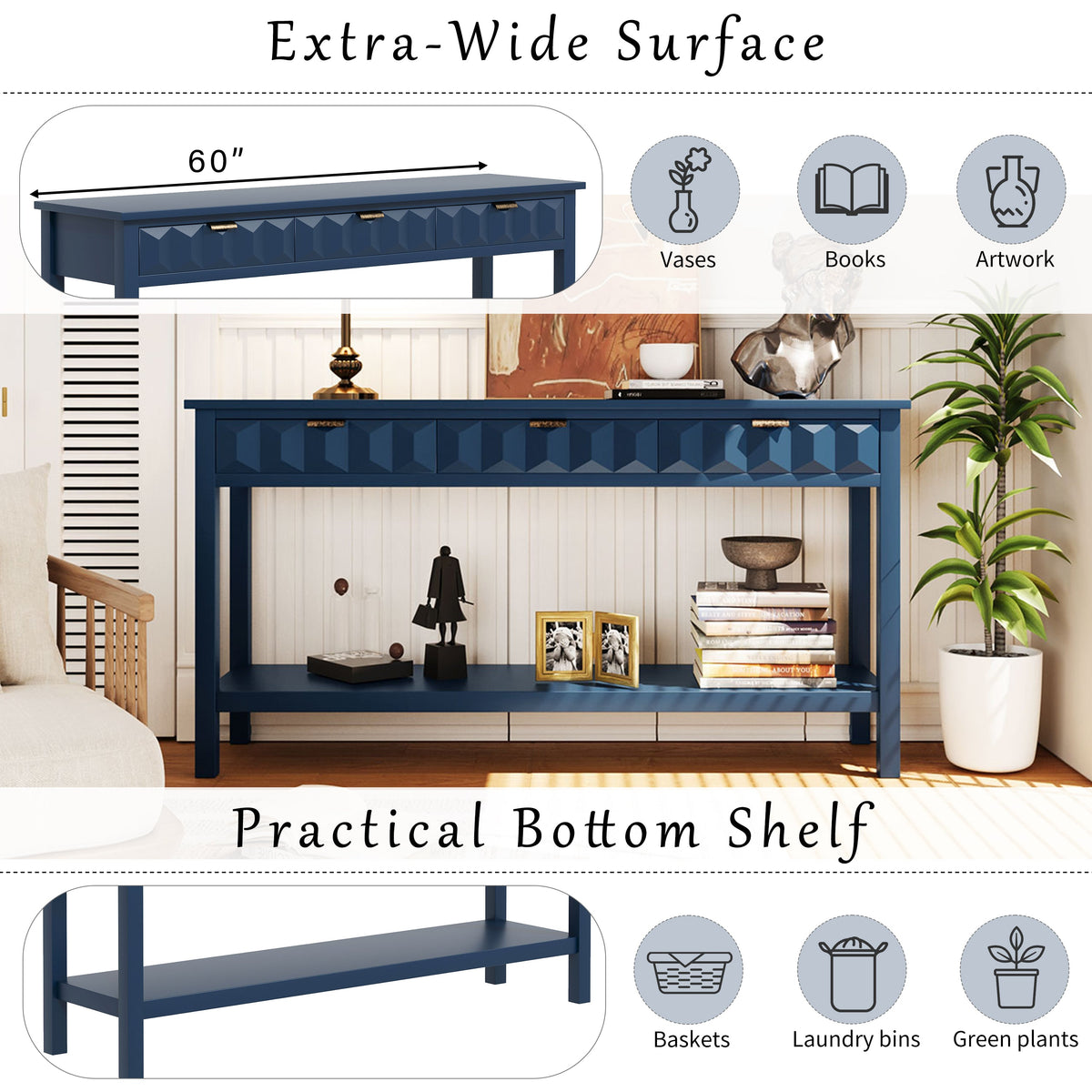 Roomfitters 60'' Entryway Console Table with Storage, Modern Accent Sofa Table with Geometric Front Design, Navy Blue Roomfitters
