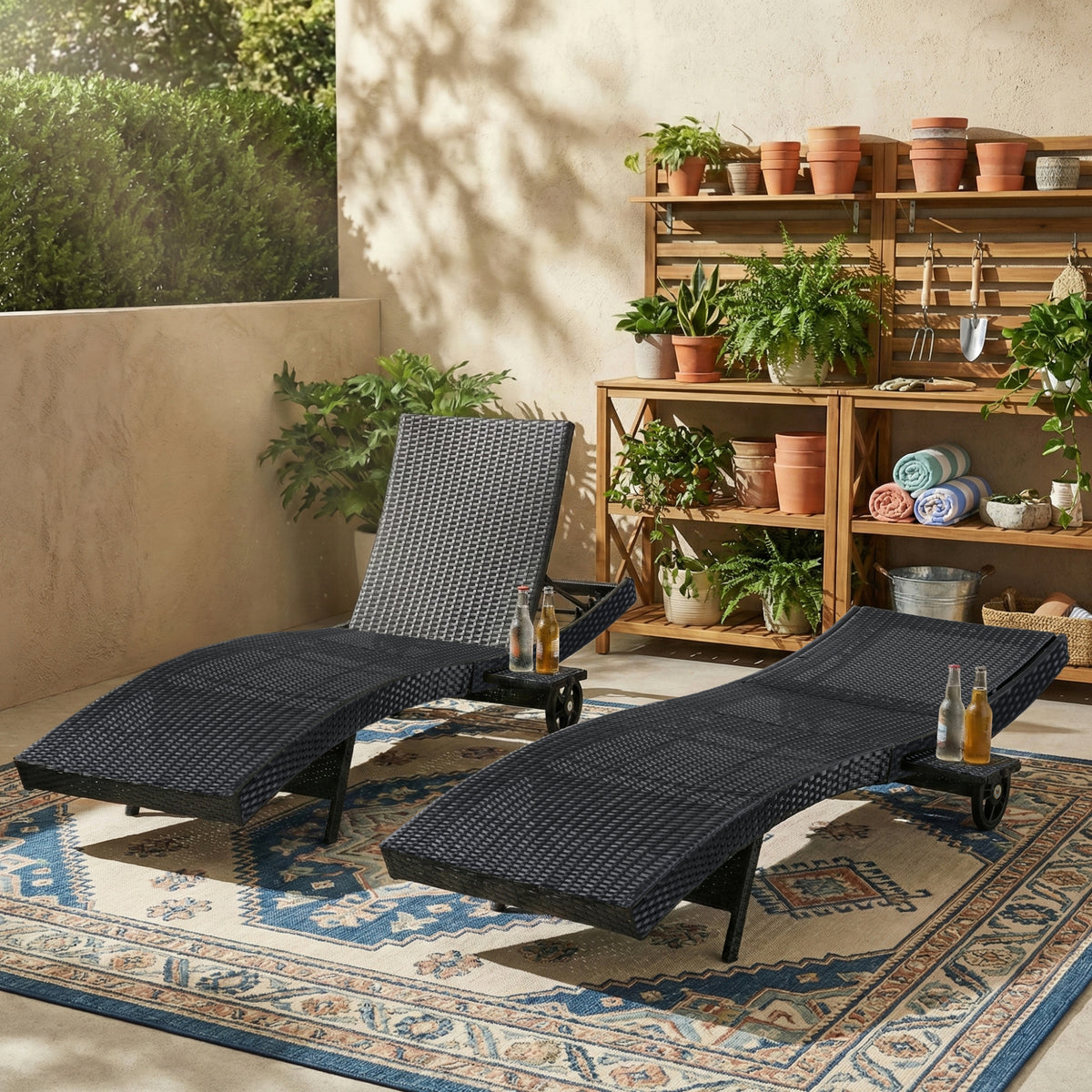 variant-group:rf-n707p395515b|Roomfitters 80"W Patio Chaise Lounge Chairs Set of 2 with Wheels, Folding Table, Adjustable Rattan Loungers, Black