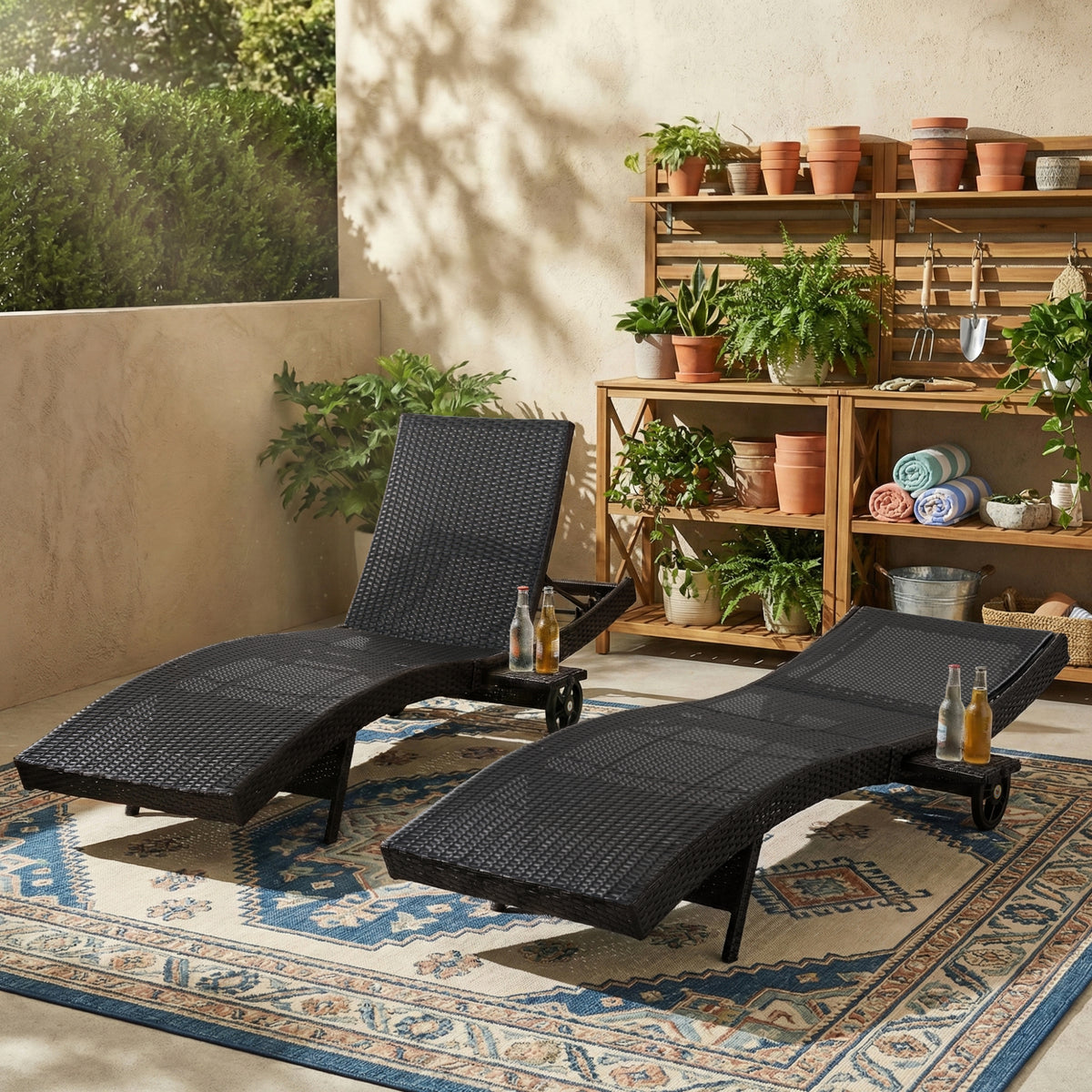 variant-group:rf-n707p395515d|Roomfitters 80"W Patio Chaise Lounge Chairs Set of 2 with Wheels, Folding Table, Adjustable Rattan Loungers, Black & Brown