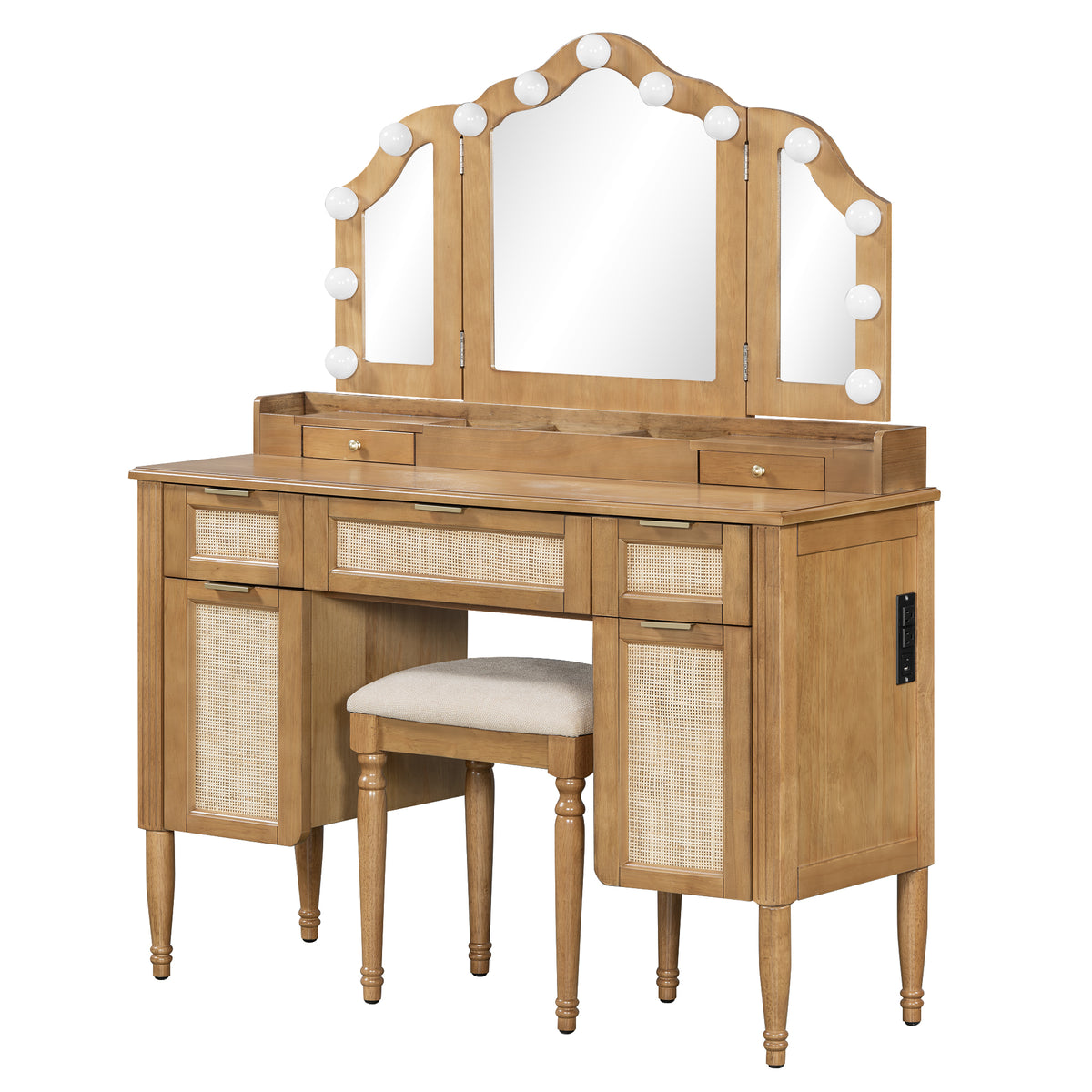 variant-group:rf-n704p342558n|Roomfitters 44-Inch Bohemian Makeup Vanity Desk with 13 Hollywood Bulbs Tri-Fold Mirror and Bamboo Drawers Natural