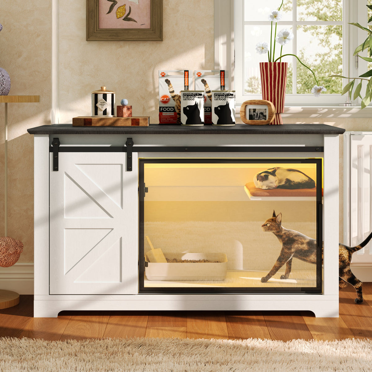 Roomfitters 46-Inch Farmhouse Cat Litter Box Enclosure Hidden Cabinet Nightstand with Sliding Barn Door White Roomfitters