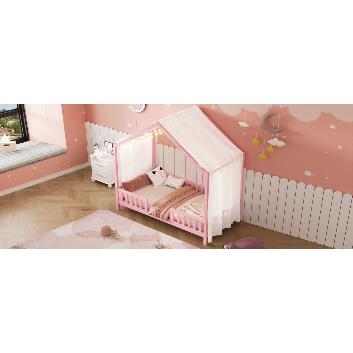 variant-group:rf-n733p356043h|Roomfitters Twin Montessori Floor Bed with Canopy, House Shape Wood Frame with Safety Rails, Youth Platform Bed, Pink