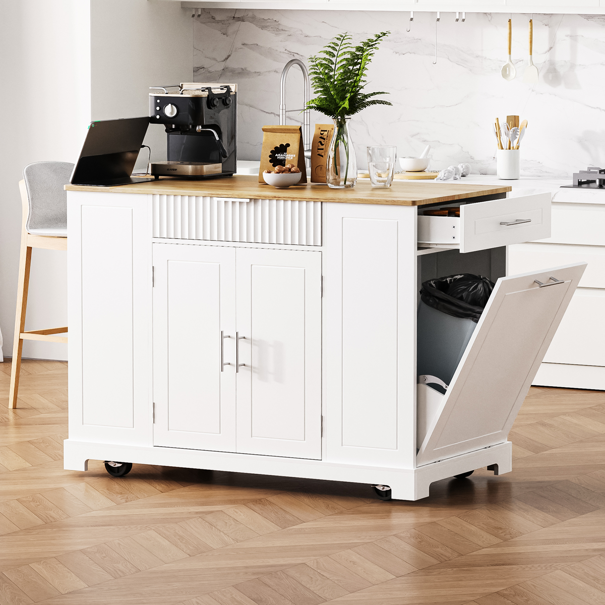 variant-group:rf-n707s221571w|Roomfitters Kitchen Island with Tilt Out Trash Can and Power Outlet, Fluted Storage Cabinet on Wheels, White