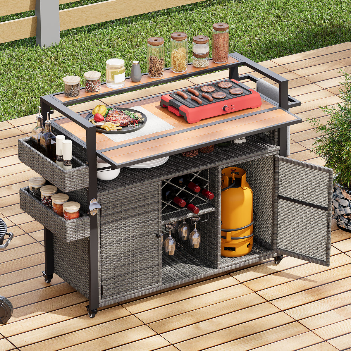 variant-group:rf-n707p233747g|Roomfitters 52.8" Wicker Outdoor Grill Cart with Plastic Wood Table, Rolling Island with Storage Cabinet, Double Handles, Grey
