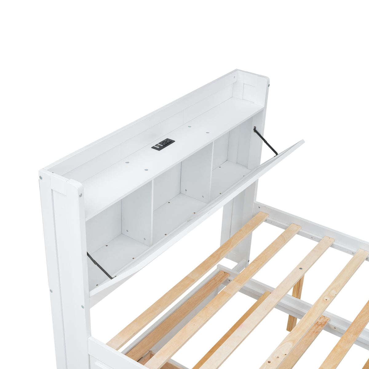 variant-group:rf-n733s172712k|Roomfitters Full Size Wooden Bed with Storage Headboard, Integrated Outlets, Extendable Frame with Twin Trundle and Additional Storage, White