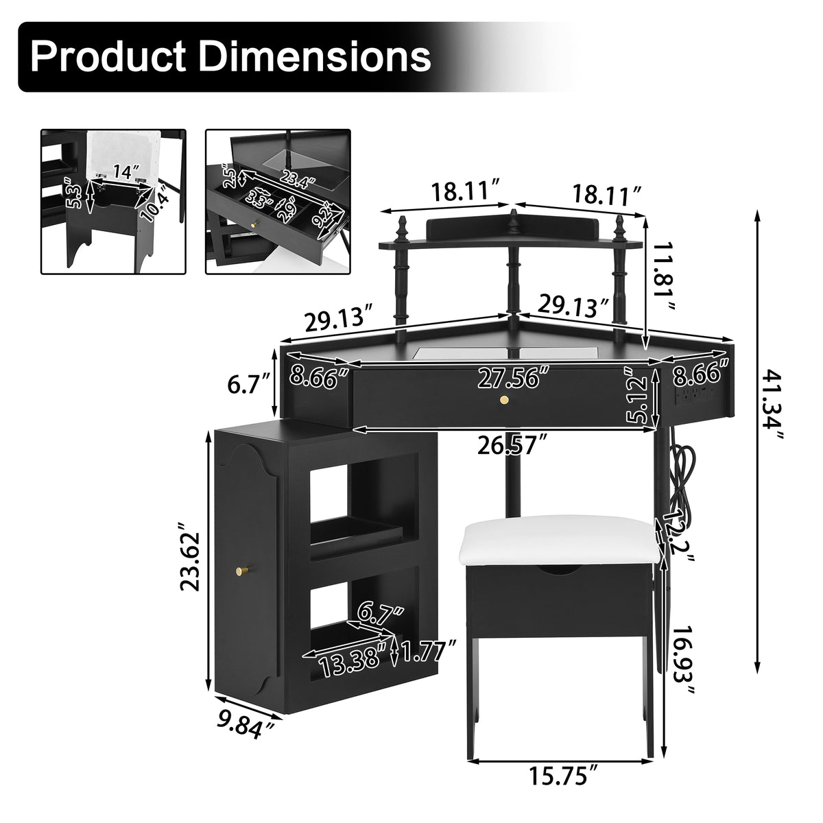 variant-group:rf-n733p336237b|Roomfitters Corner Vanity Desk Set with Stool, Charging Station, Glass Top, Drawer, Shelf, Pull-Out Cabinet, Black