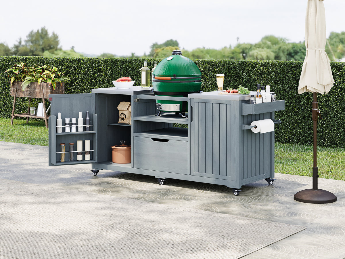 variant-group:rf-n707p250629g|Roomfitters 66.5" Outdoor Kitchen Island for Big Kamado Grills, Wood Grill Cart with Stainless Steel Top, Storage, Grey Blue