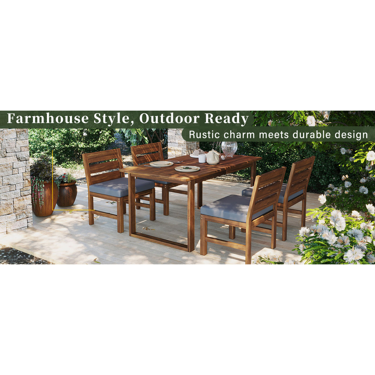 variant-group:rf-n711wy000497aae|Roomfitters Farmhouse 5-Piece Outdoor Dining Set for 4, Acacia Wood Table and Chair Pack, Brown and Grey Slatted