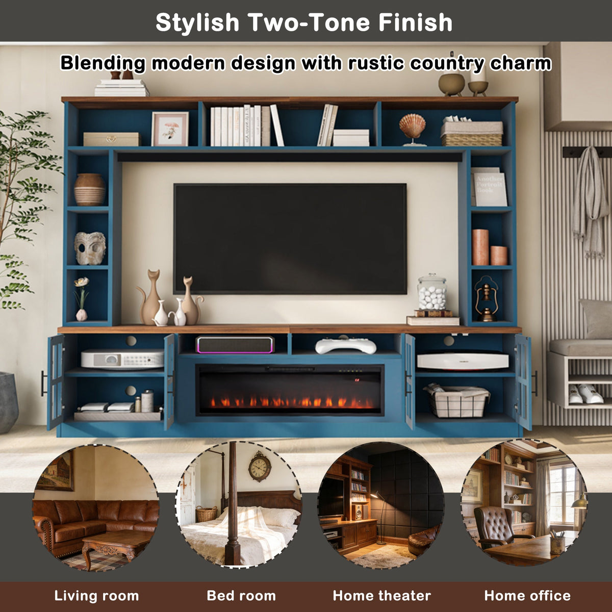Roomfitters 95.5"W Large Wall Unit Entertainment Center, 39" LED Fireplace, Navy Blue Roomfitters