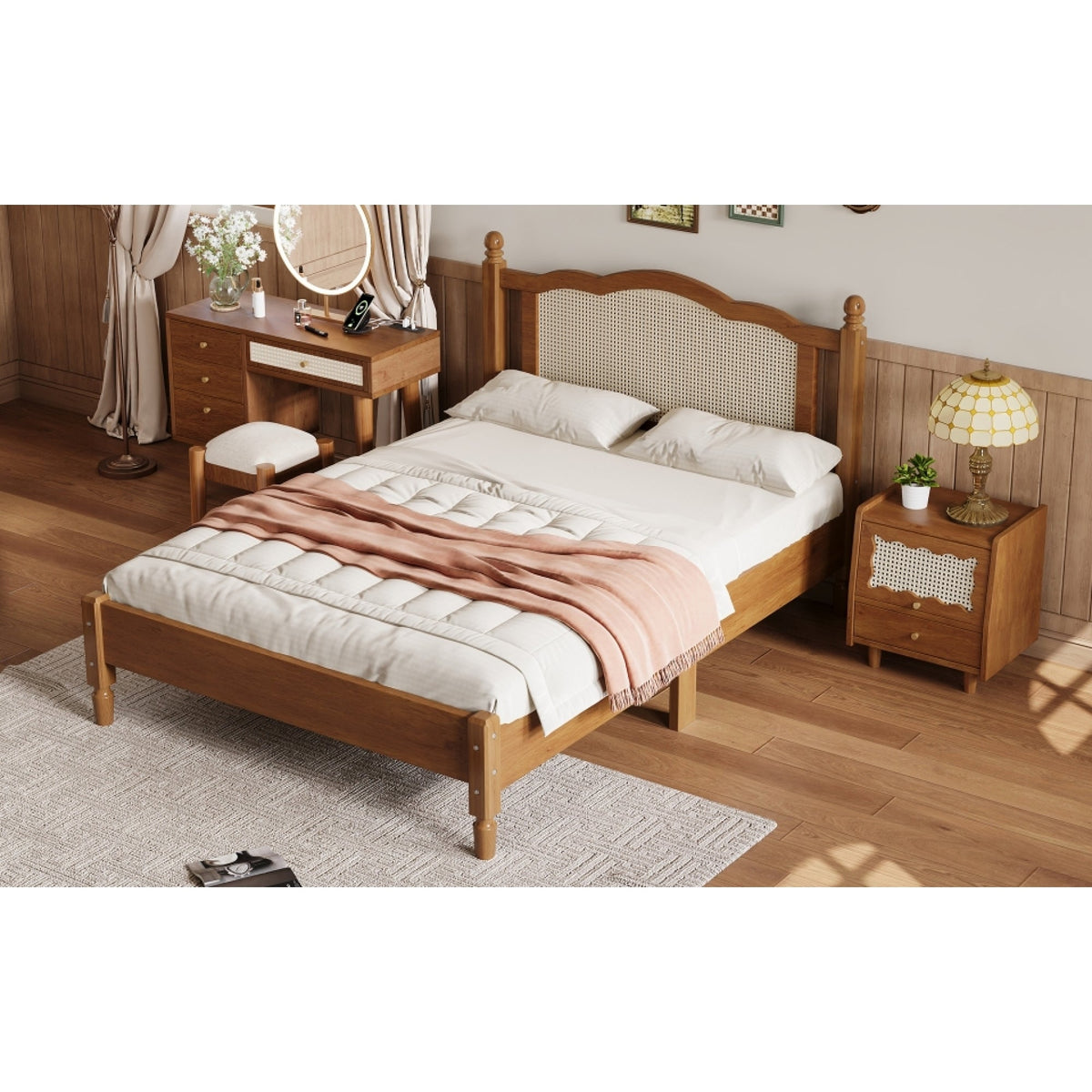 Roomfitters Full Size Wooden Platform Bed with Natural Rattan Headboard, Durable Vintage Bed Frame with Sturdy Wooden Slat Support for Rustic Sophistication, Walnut