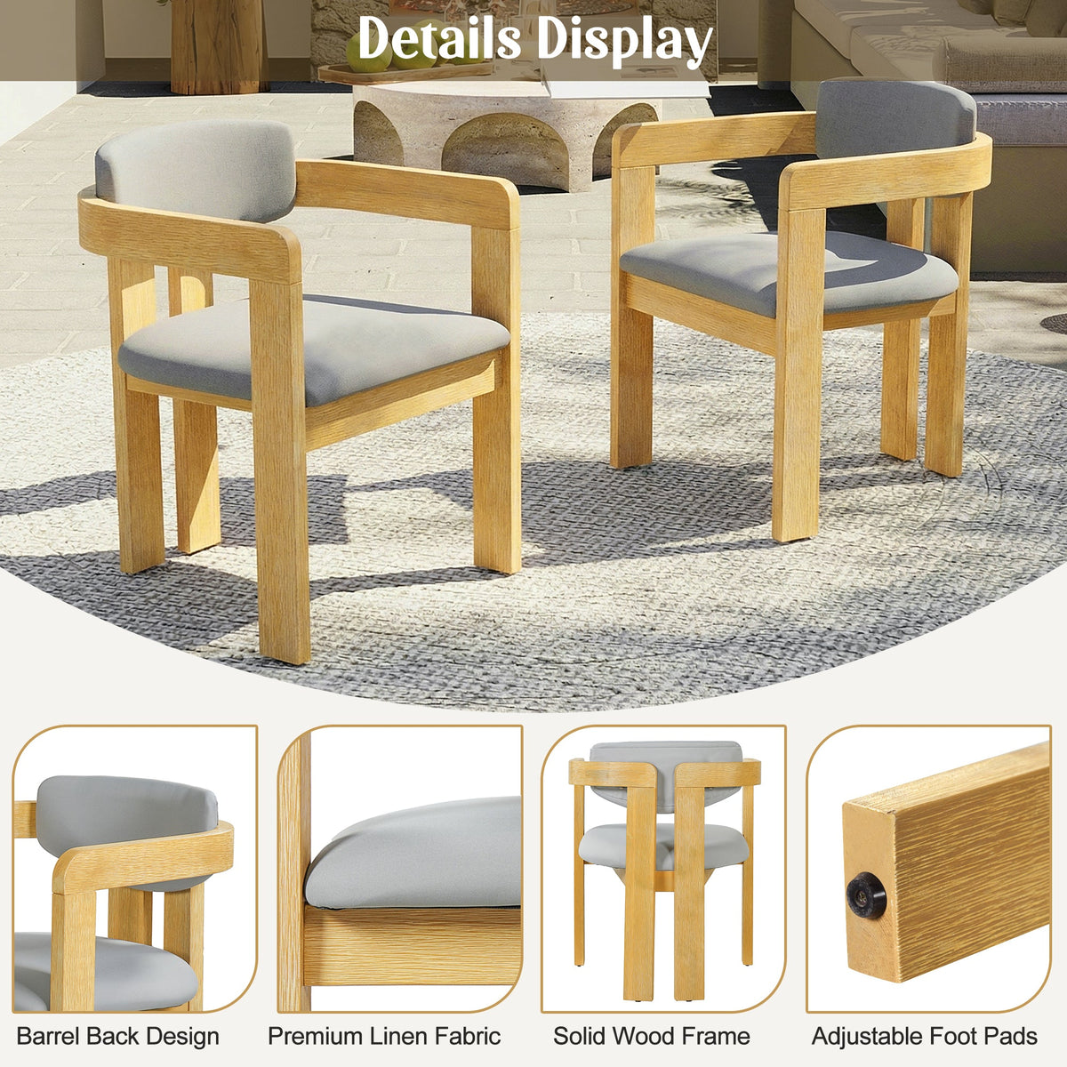Roomfitters Set of 2 Outdoor Acacia Wood Dining Chairs with Fixed Ergonomic Wraparound Backrest Gray Cushions Roomfitters