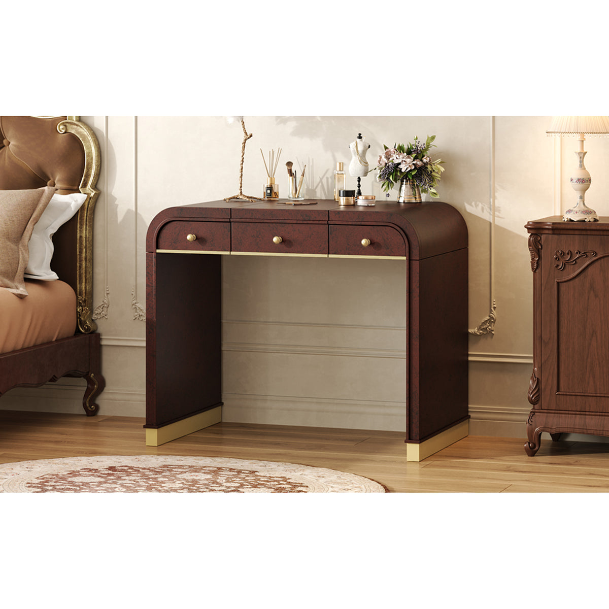 variant-group:rf-n704p381406p|Roomfitters Flip Top Vanity Desk with Mirror and Hidden Storage, Modern Makeup Table with Gold Trim for Small Space, Espresso