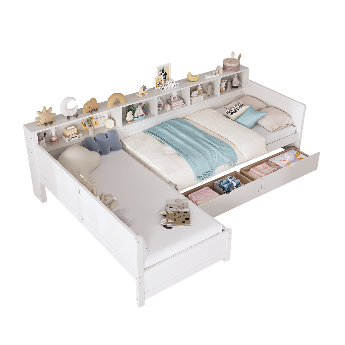 variant-group:rf-n733s369272k|Roomfitters Twin L-Shaped Daybed for 2 with 3 Storage Drawers, Wooden Corner Bed Frame with Bookshelf for Bedroom, White