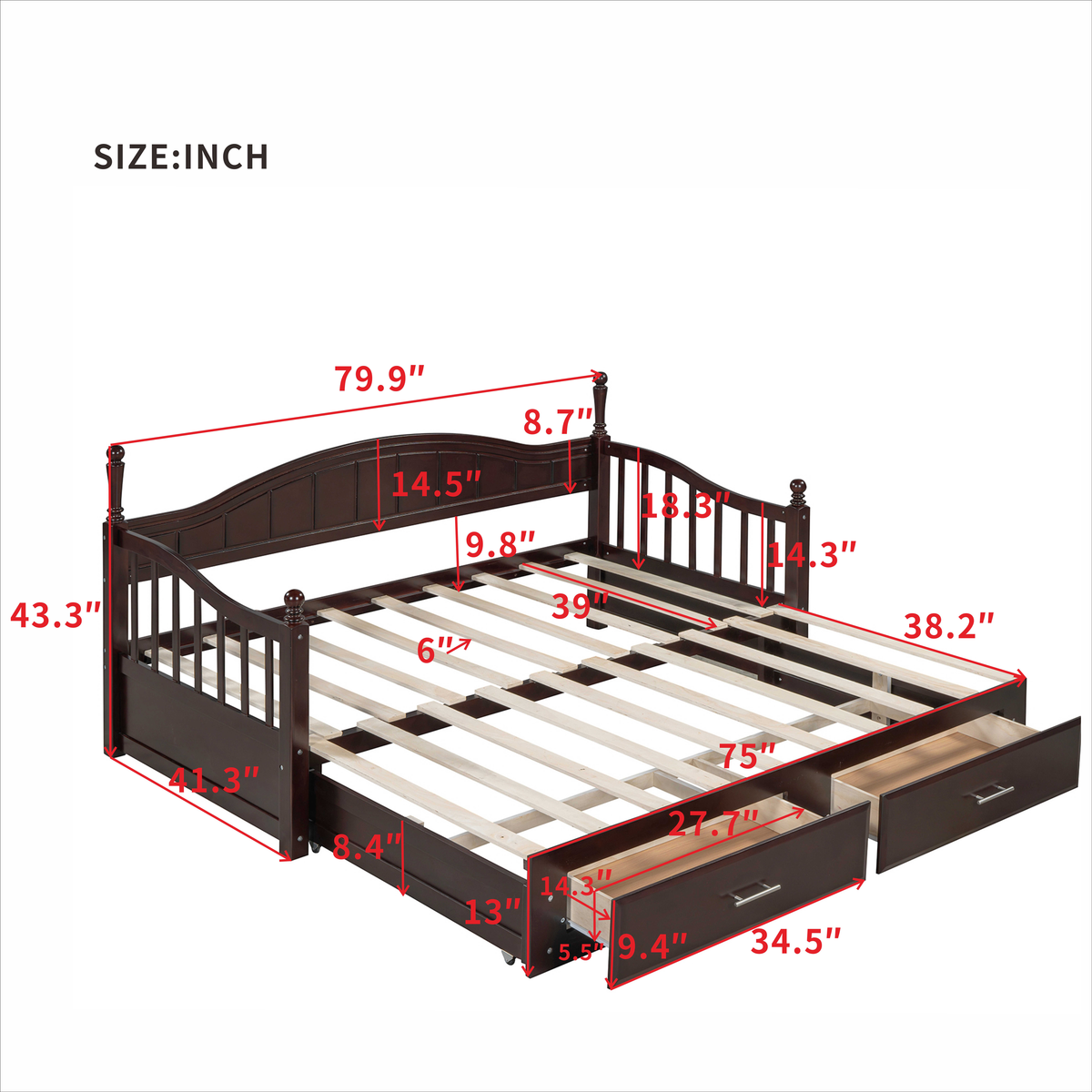 variant-group:rf-n733s173459p|Roomfitters Wooden Twin Size Daybed with Expandable Design, Twin Trundle and Two Practical Storage Drawers, Espresso