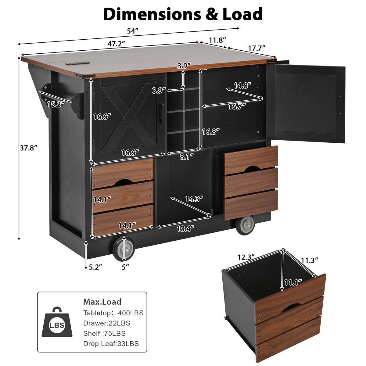 variant-group:rf-n707p349814b|Roomfitters 54" Farmhouse Kitchen Island with Drop Leaf, Power Outlet, Wine Rack, 2 Drawers, 2 Doors, Black