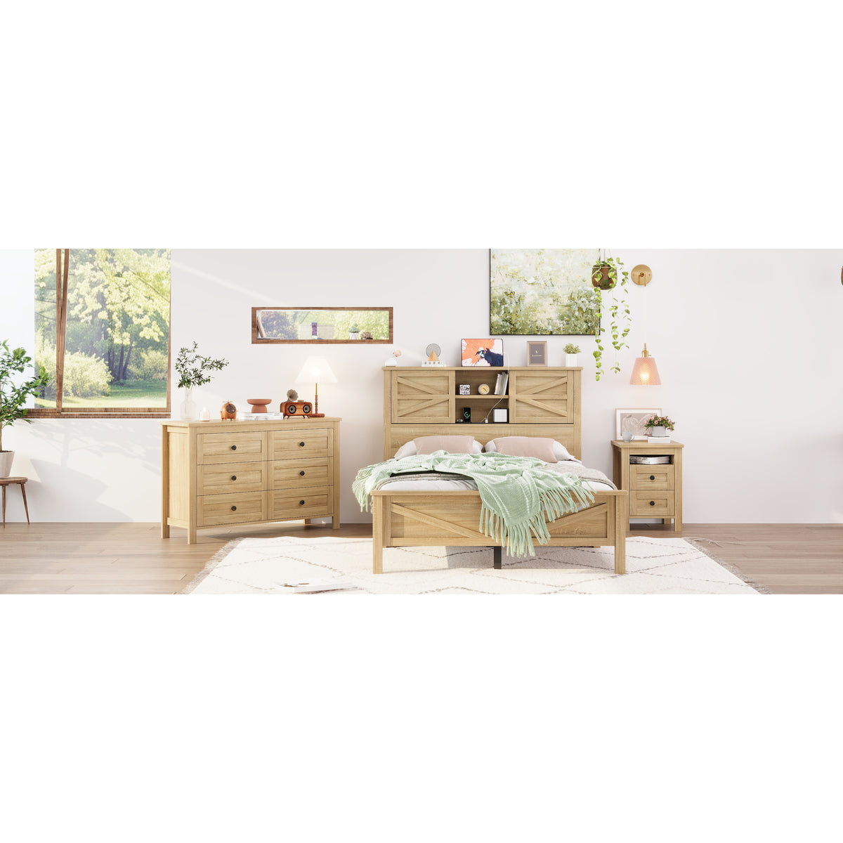 variant-group:rf-n733s369048m|Roomfitters 3 Piece Bedroom Set, Full Farmhouse Platform Bed with Sliding Headboard, Bedside Tables, Natural