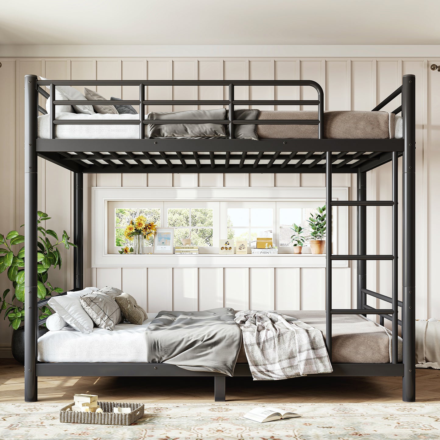 variant-group:rf-w1580p454730|Roomfitters Full over Full Metal Bunk Bed Frame for Teens Adults, Convertible 2 Separate Beds Round Tube, Black