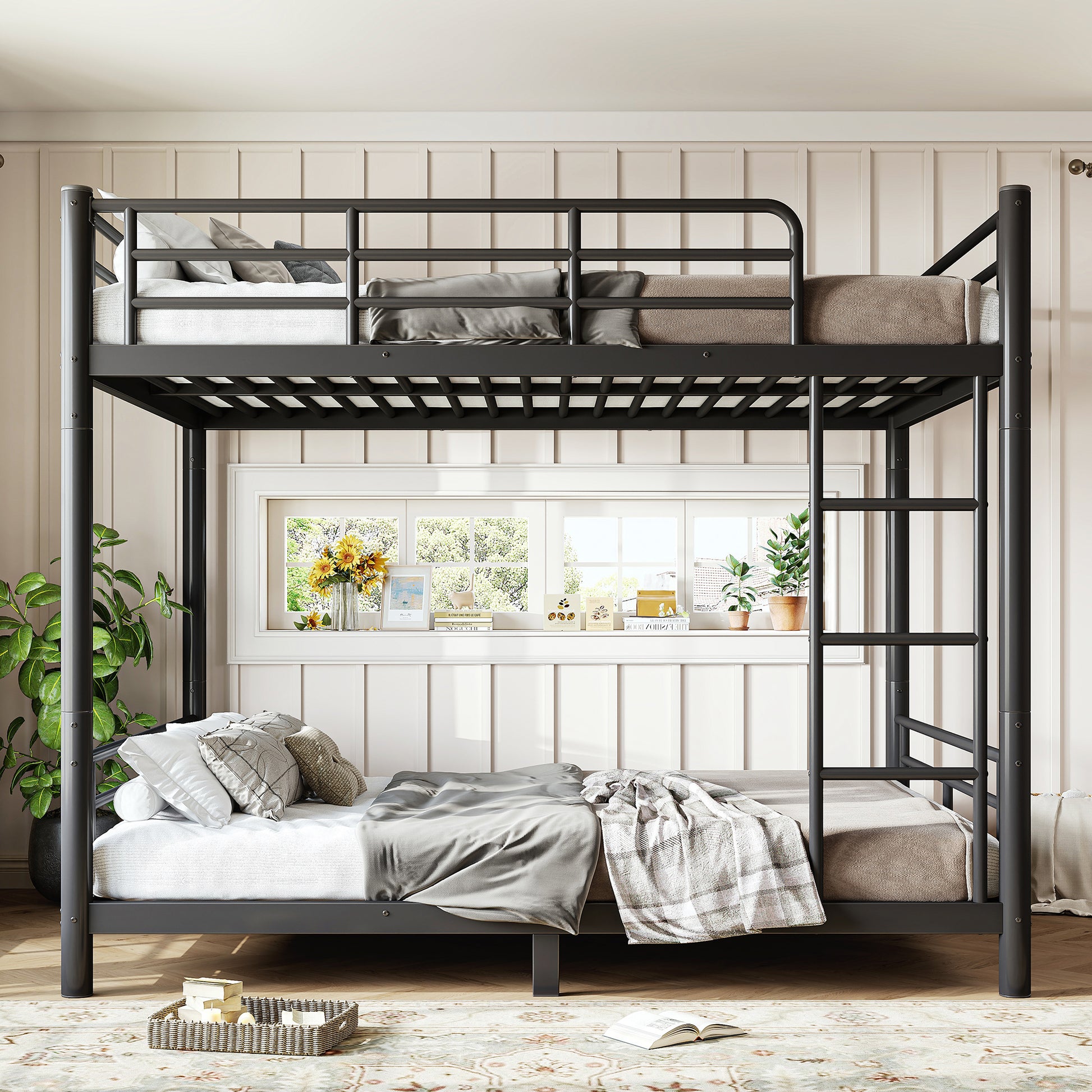 variant-group:rf-w1580p454730|Roomfitters Full over Full Metal Bunk Bed Frame for Teens Adults, Convertible 2 Separate Beds Round Tube, Black