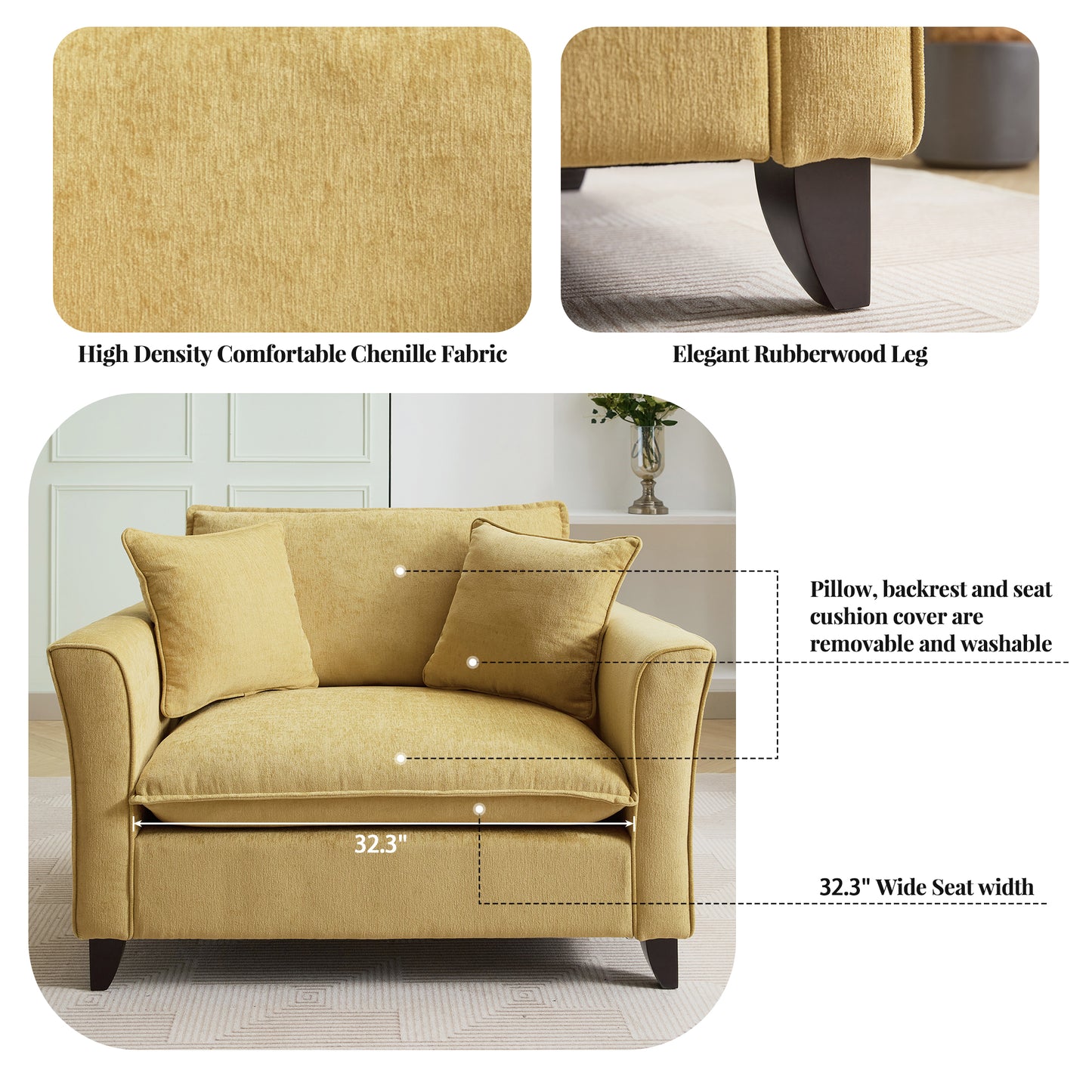 variant-group:rf-n701p379404y|Roomfitters 46.3 Inch Oversized Armchair, Chenille Comfy Accent Chair and a Half Sofa, Rubberwood Legs Pillow, Yellow