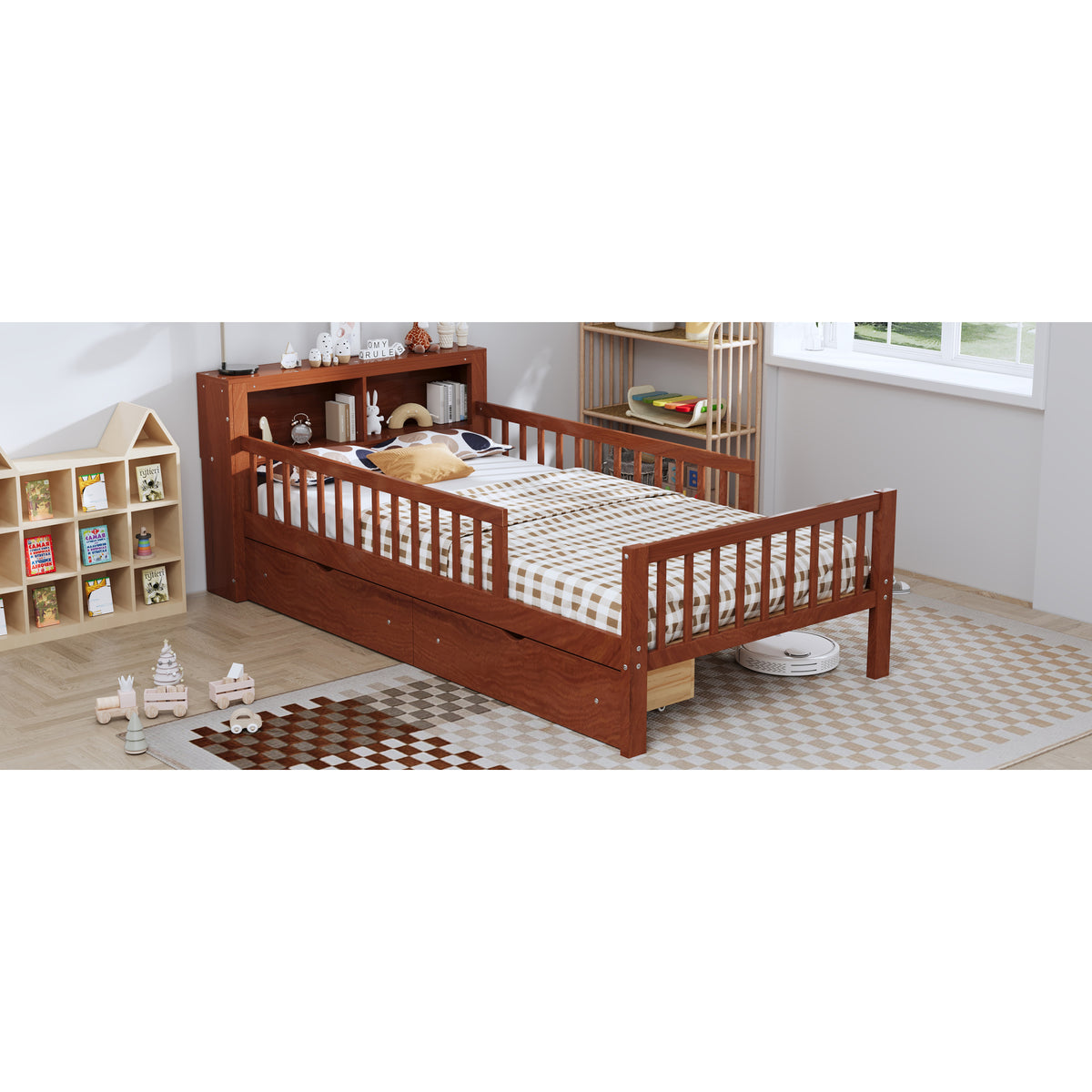 variant-group:rf-n733p272374d|Roomfitters Twin Bed with Headboard Storage Rack, Under-Bed Storage and Three-Side Guardrails, Walnut