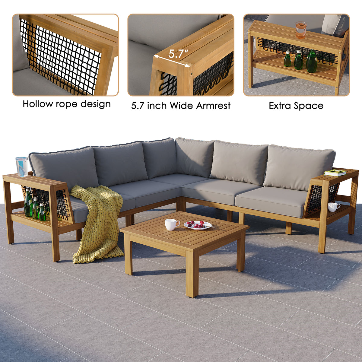 variant-group:rf-n704f201249e|Roomfitters 4-Piece Outdoor Sectional Sofa Set with Coffee Table and Built-in Side Shelves, Wood Frame, Gray+Natural