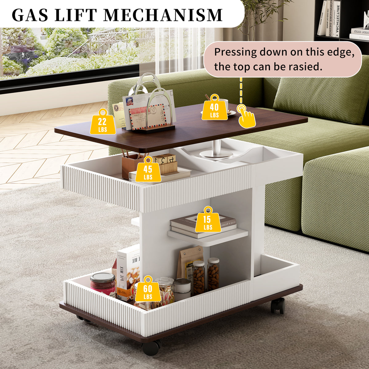variant-group:rf-n724p292505k|Roomfitters Adjustable Sofa Side Table with Lift-Top, Rotating Surface and Storage on Wheels for Small Spaces, Brown
