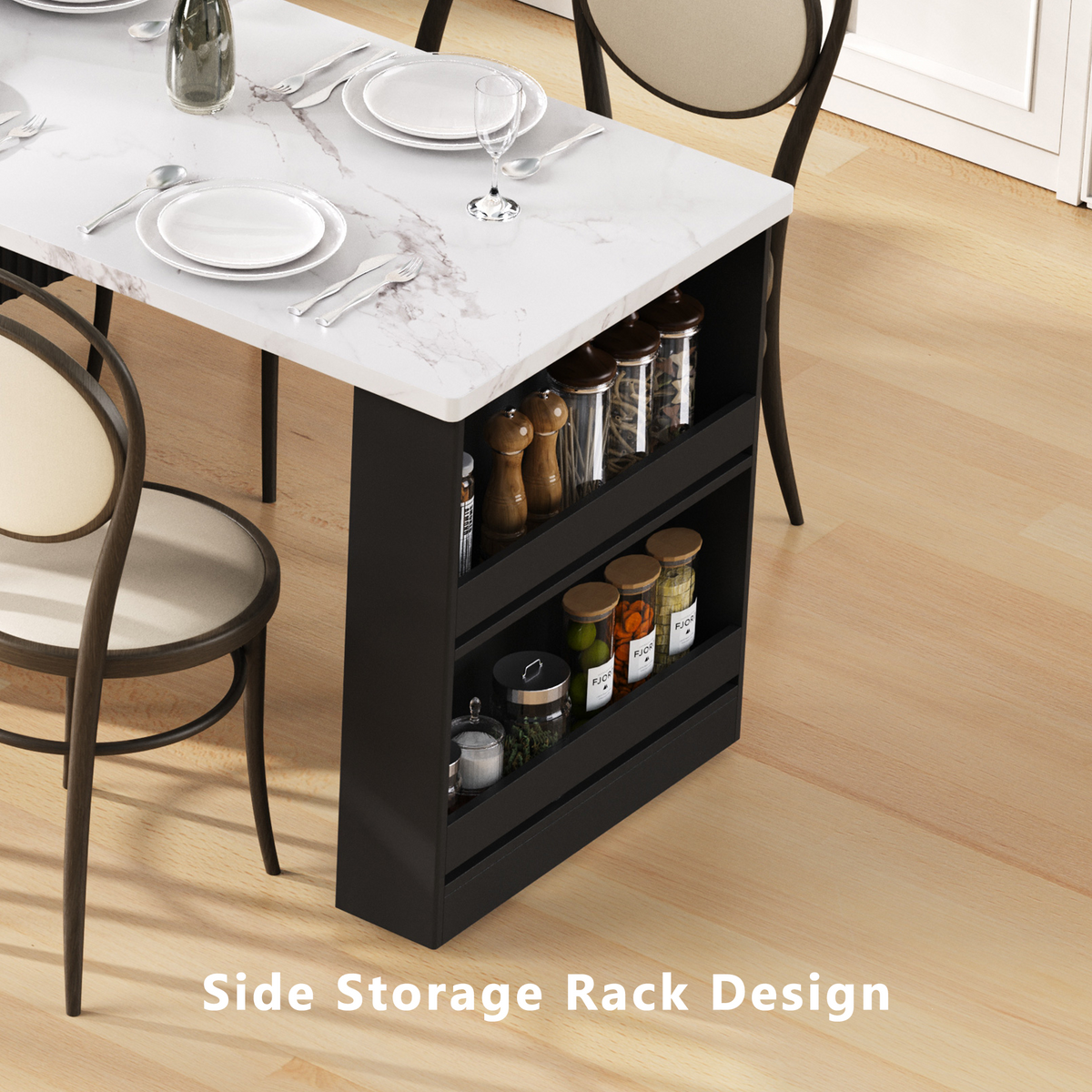 variant-group:rf-n707s000018b|Roomfitters 82.6" Fluted Kitchen Island with 51" Extendable Dining Table for 4-6, Power Outlet, Black