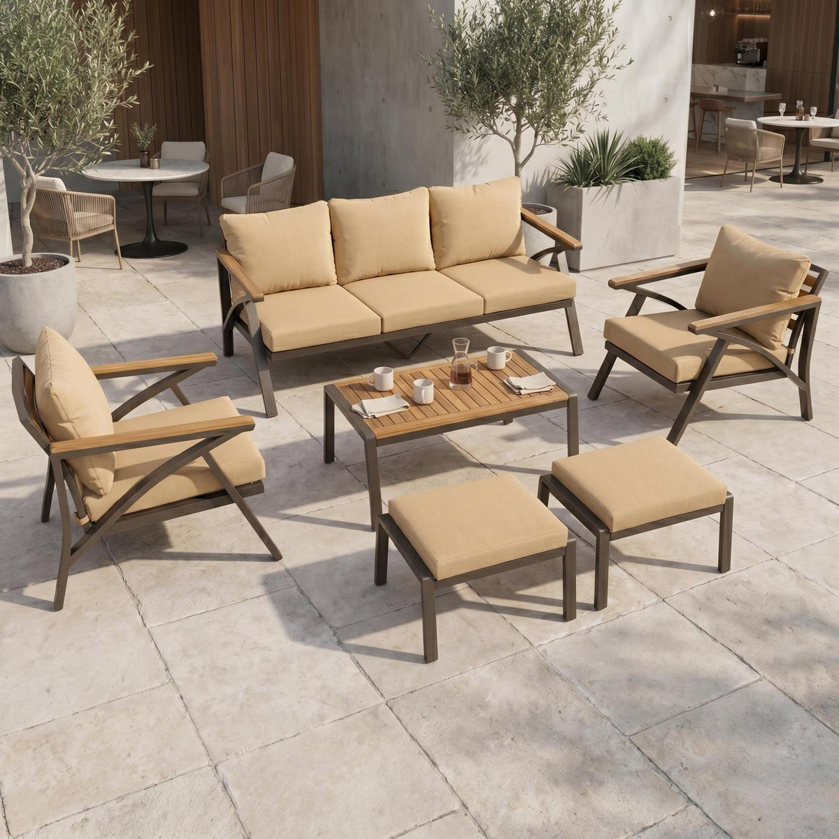 variant-group:rf-n704g201256d|Roomfitters 6-Piece Steel Conversation Set with 3-Seat Sofa Multi-Functional Ottomans and Acacia Wood Table Brown