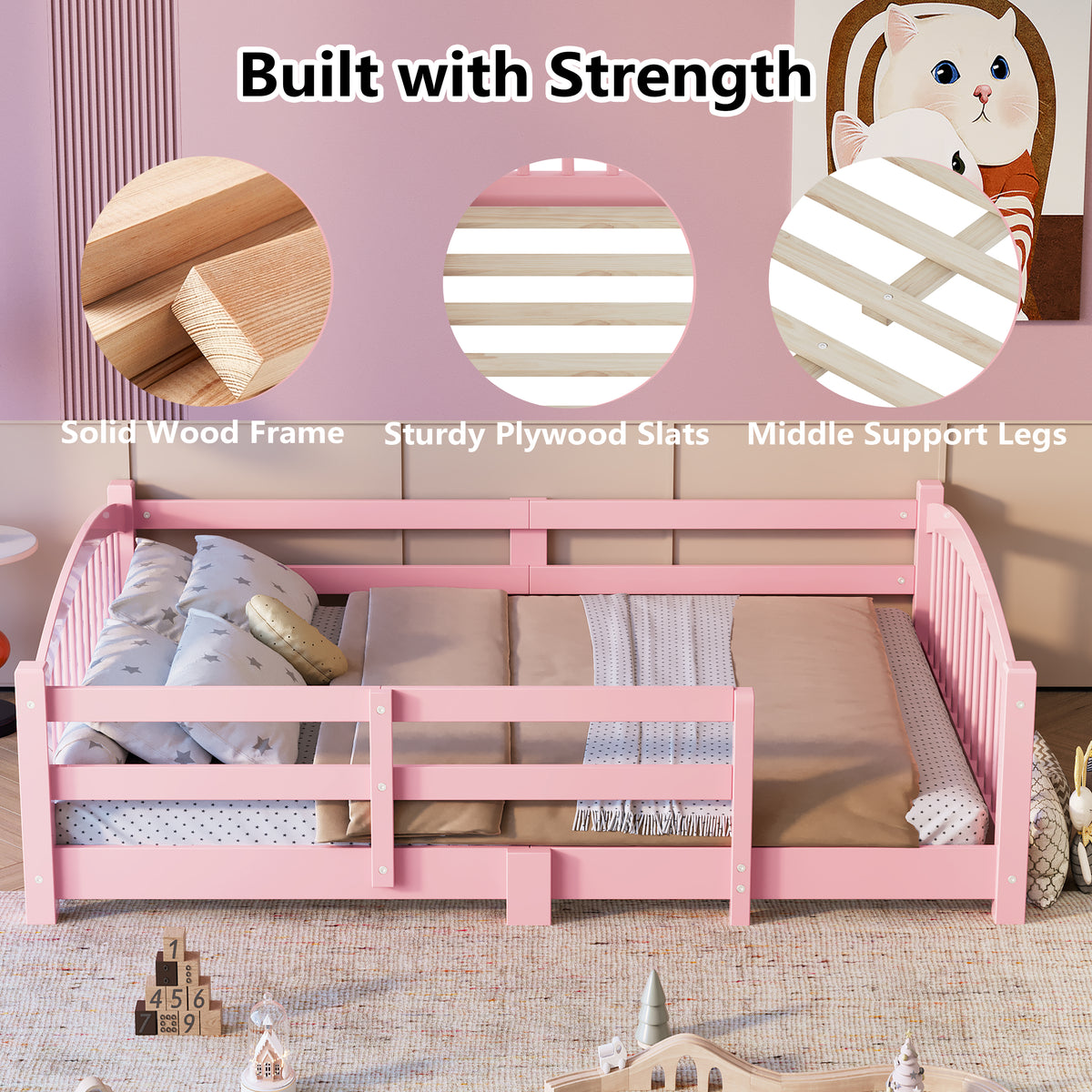 variant-group:rf-n733p400298h|Roomfitters Twin Montessori Floor Bed with Guardrails, Solid Wood Low Platform Bed with Slats, Easy Assembly, Pink