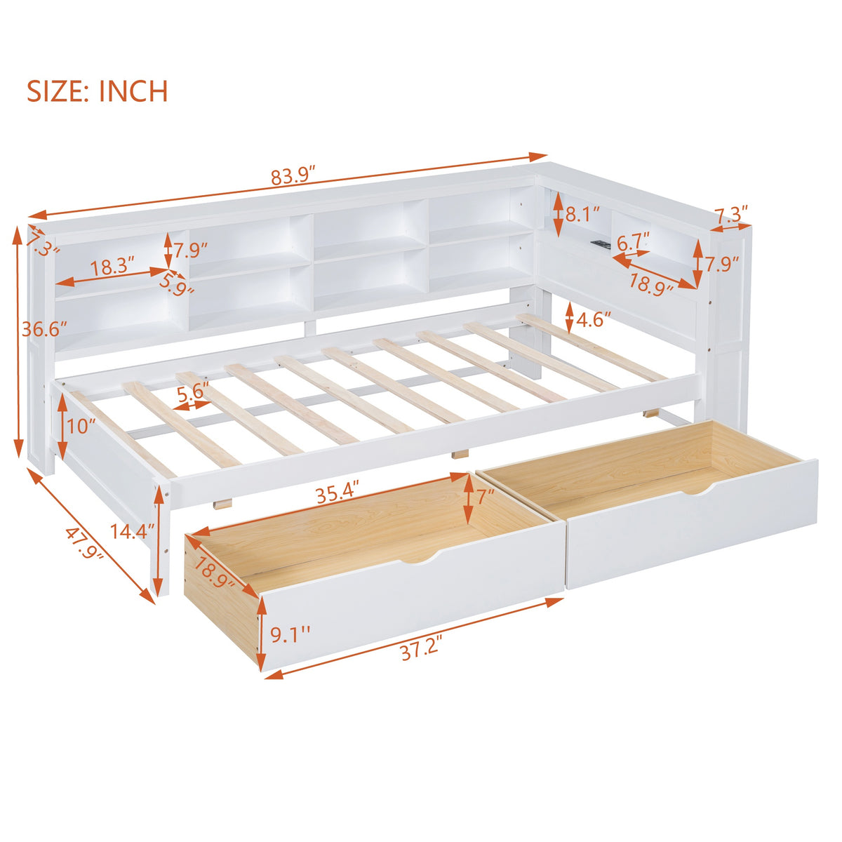 variant-group:rf-n733s347768k|Roomfitters Wooden Twin Daybed with Underbed Storage, Built-In Shelf & USB Charging Ports, White