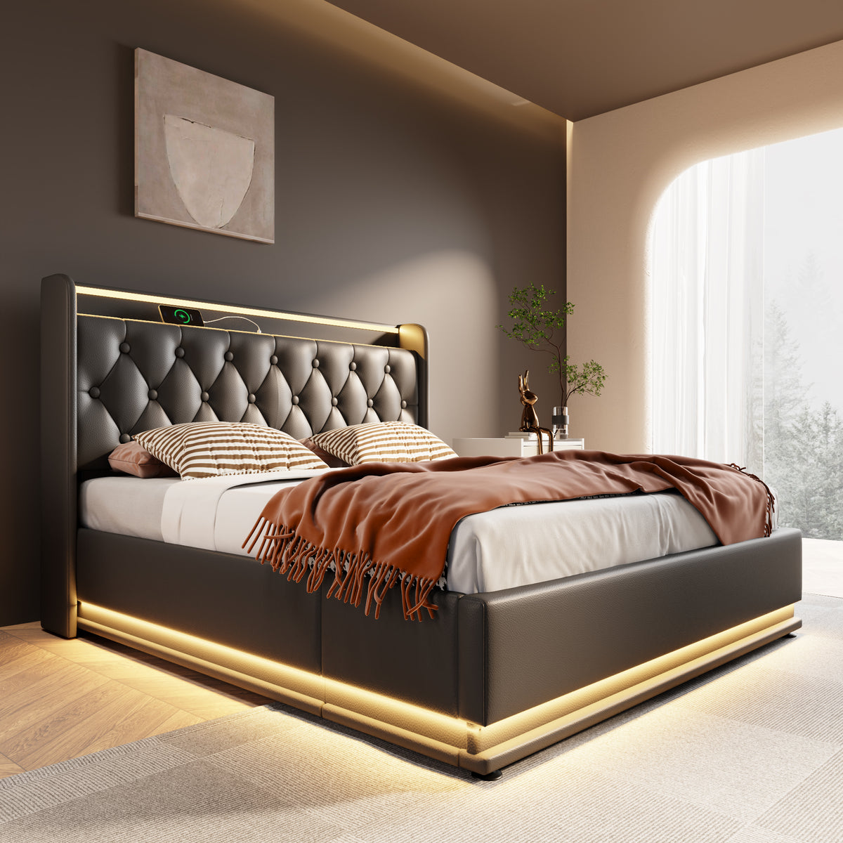 variant-group:rf-n736p188806b|Roomfitters Full Size Upholstered Storage Bed with USB Type-C Charging and Remote Control, Faux Leather Black