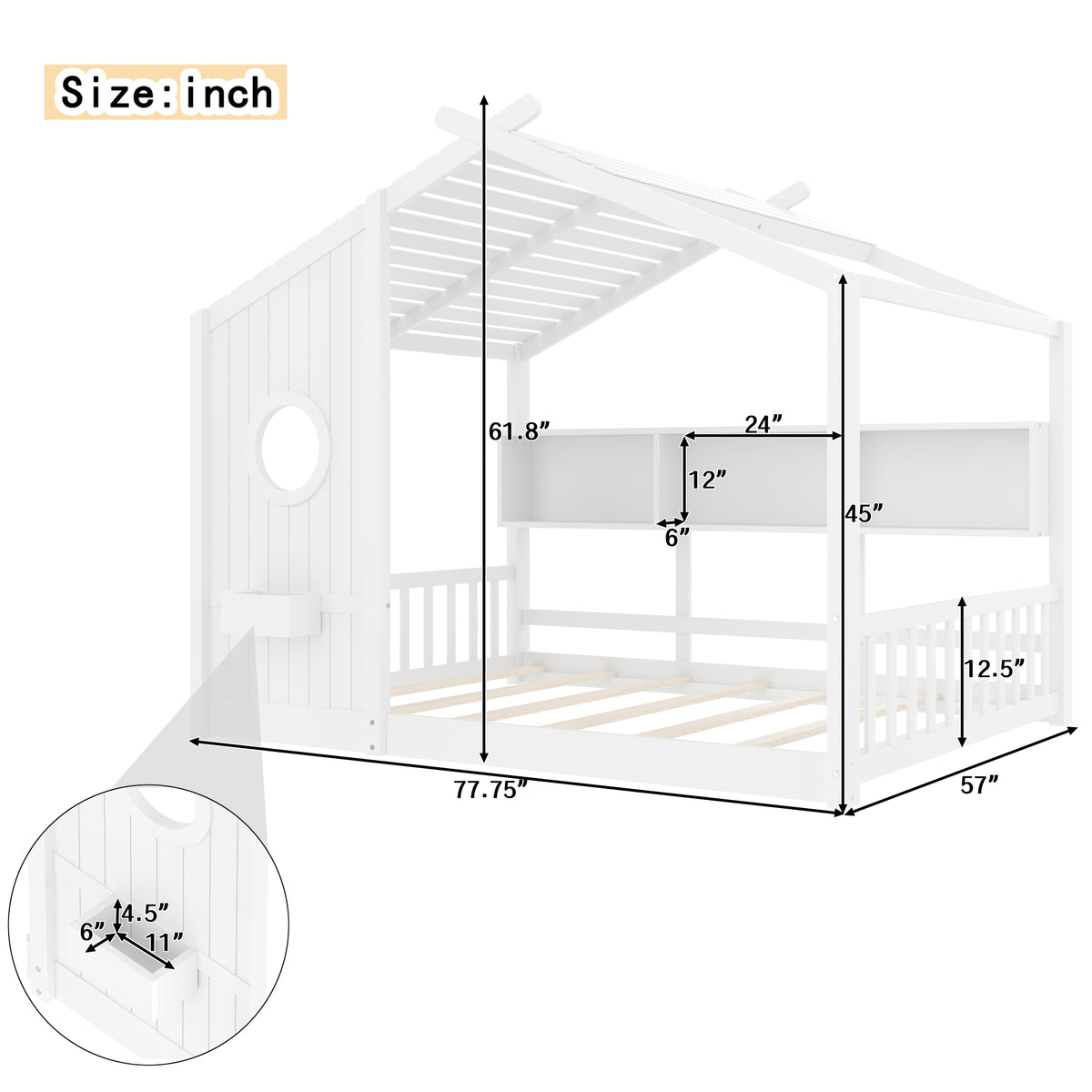 variant-group:rf-n733p335068k|Roomfitters Full Size Floor House Bed with Storage Shelf and Roof Design, Montessori Playhouse Bed, White