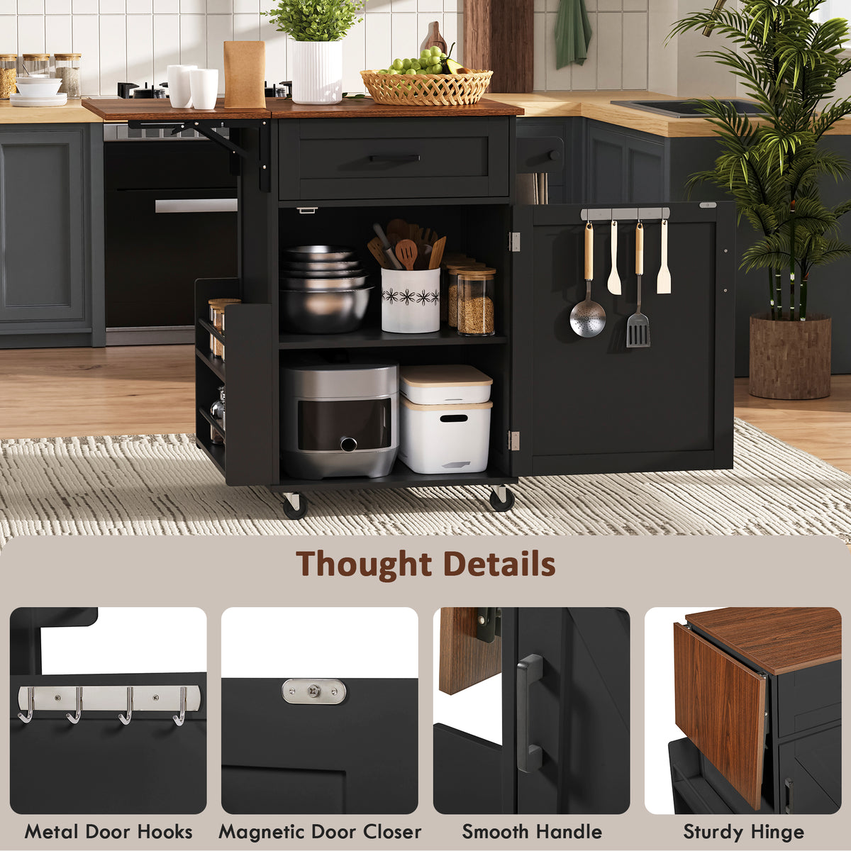 variant-group:rf-n707p404539b|Roomfitters 39.3" Kitchen Island with Drop Leaf, Rolling Kitchen Cart with Storage Drawer and Spice Rack, Modern Style, Black