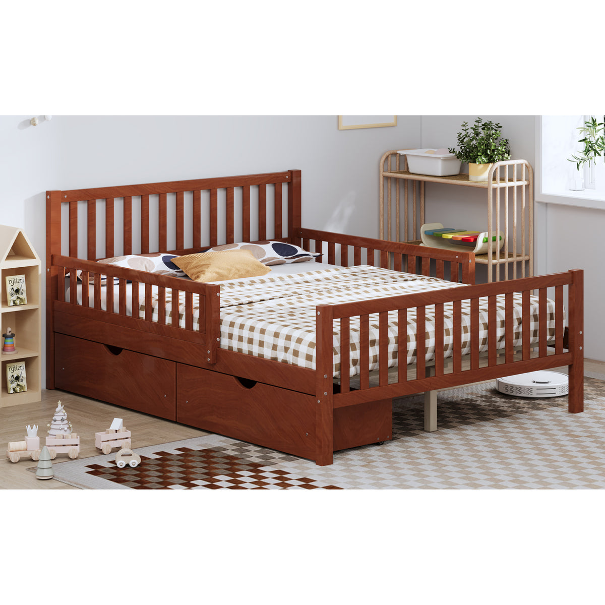 variant-group:rf-n733p172700d|Roomfitters Full Size Wood Platform Bed with Guardrails and 2 Storage Drawers, Walnut