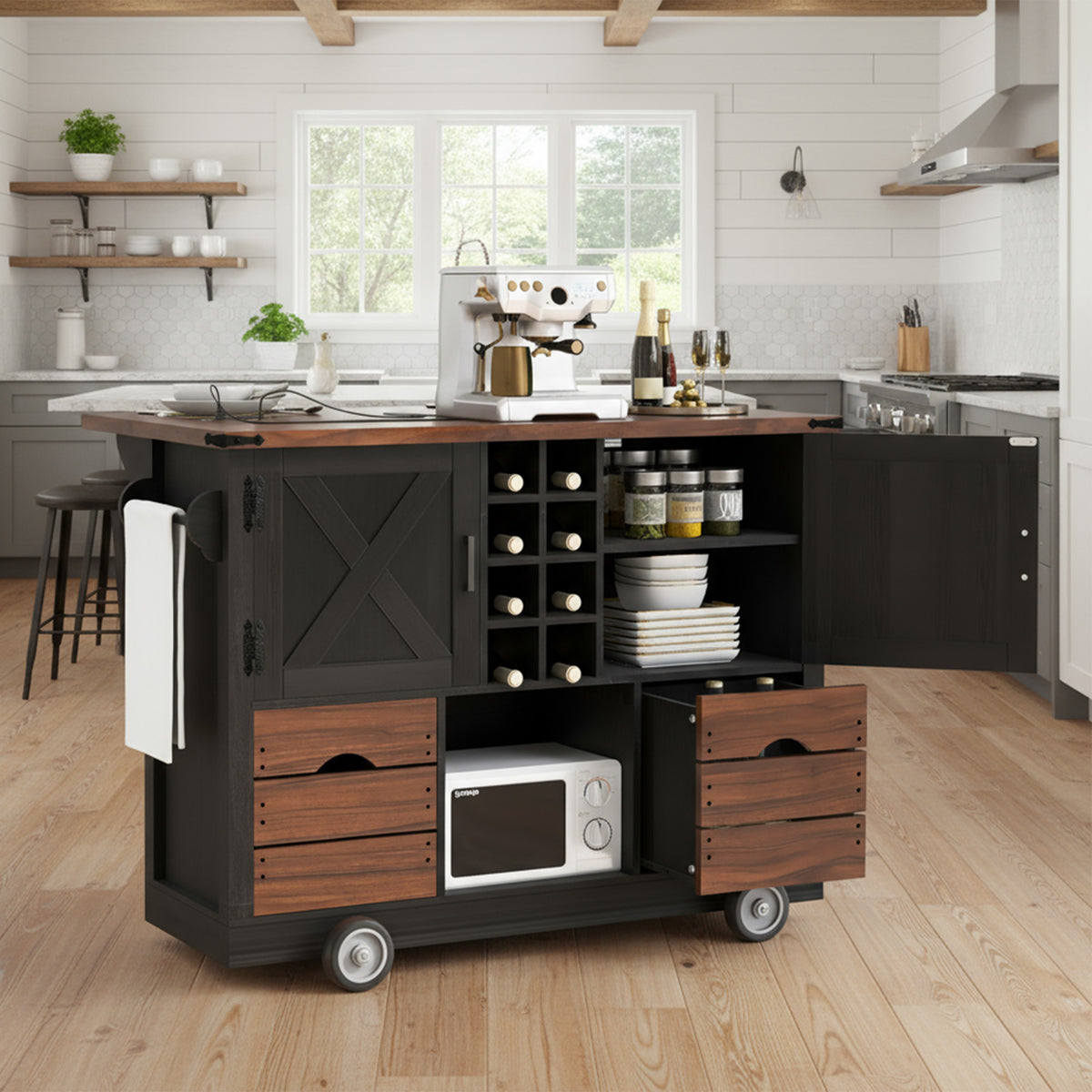 variant-group:rf-n707p349814b|Roomfitters 54" Farmhouse Kitchen Island with Drop Leaf, Power Outlet, Wine Rack, 2 Drawers, 2 Doors, Black
