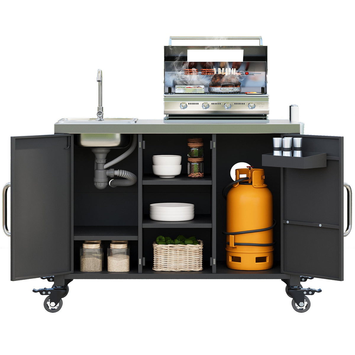 Roomfitters 55.5" Outdoor Kitchen Island with Stainless Steel Sink, Rolling Grill Prep Cart & Storage Cabinet, Black