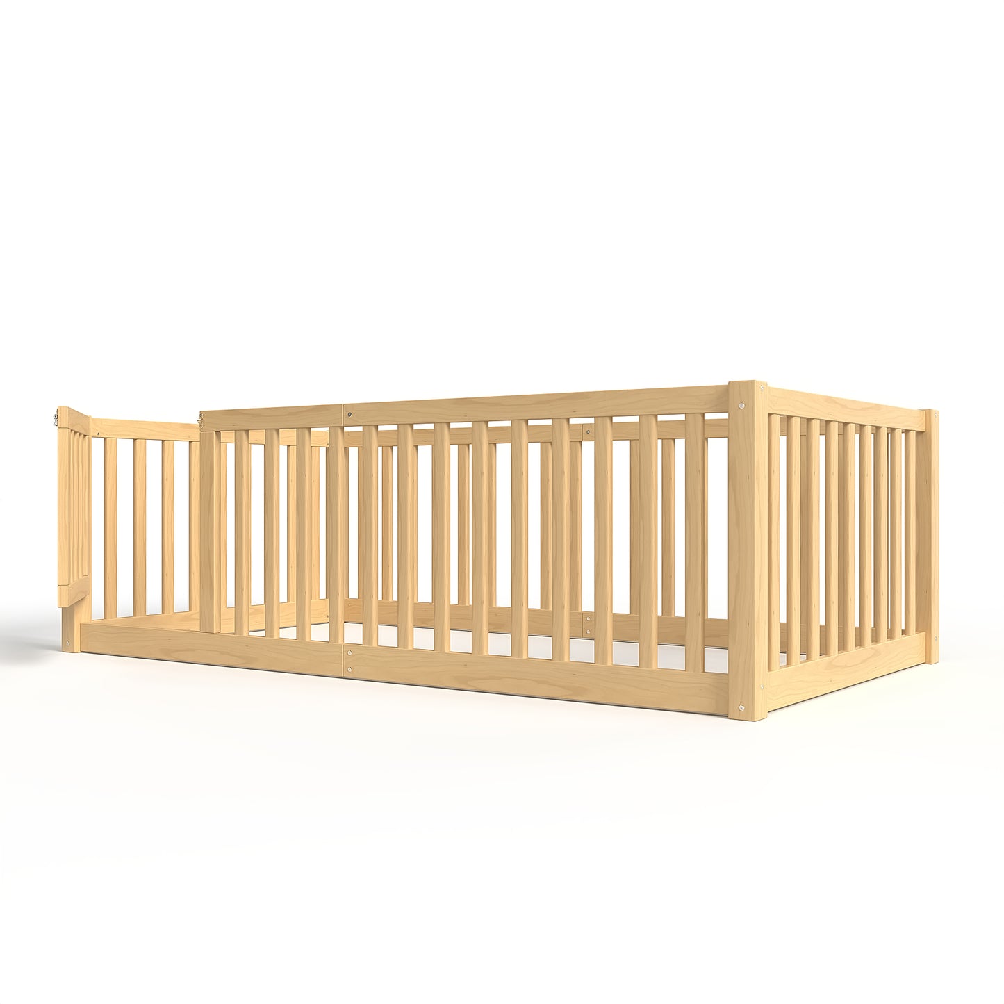 variant-group:rf-w1580p417669|Roomfitters Twin Size Wooden Floor Bed with Safety Guardrails Door, Solid Wood Low Profile Toddler Bed Frame, Natural