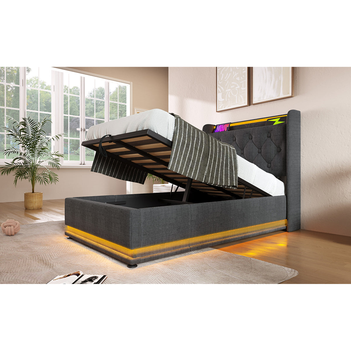 variant-group:rf-n736p188805g|Roomfitters Twin Size Upholstered Storage Bed with USB Type-C Charging and Remote Control, Linen Gray
