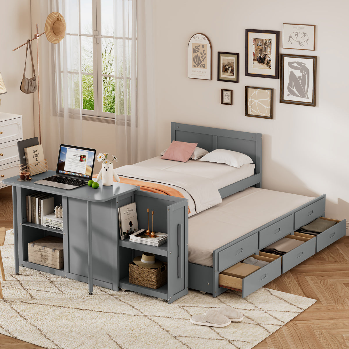variant-group:rf-n733s212832e|Roomfitters Twin Size Multifunctional Wood Platform Bed with Desk and Storage Shelf, Built-in Trundle and Storage, Grey