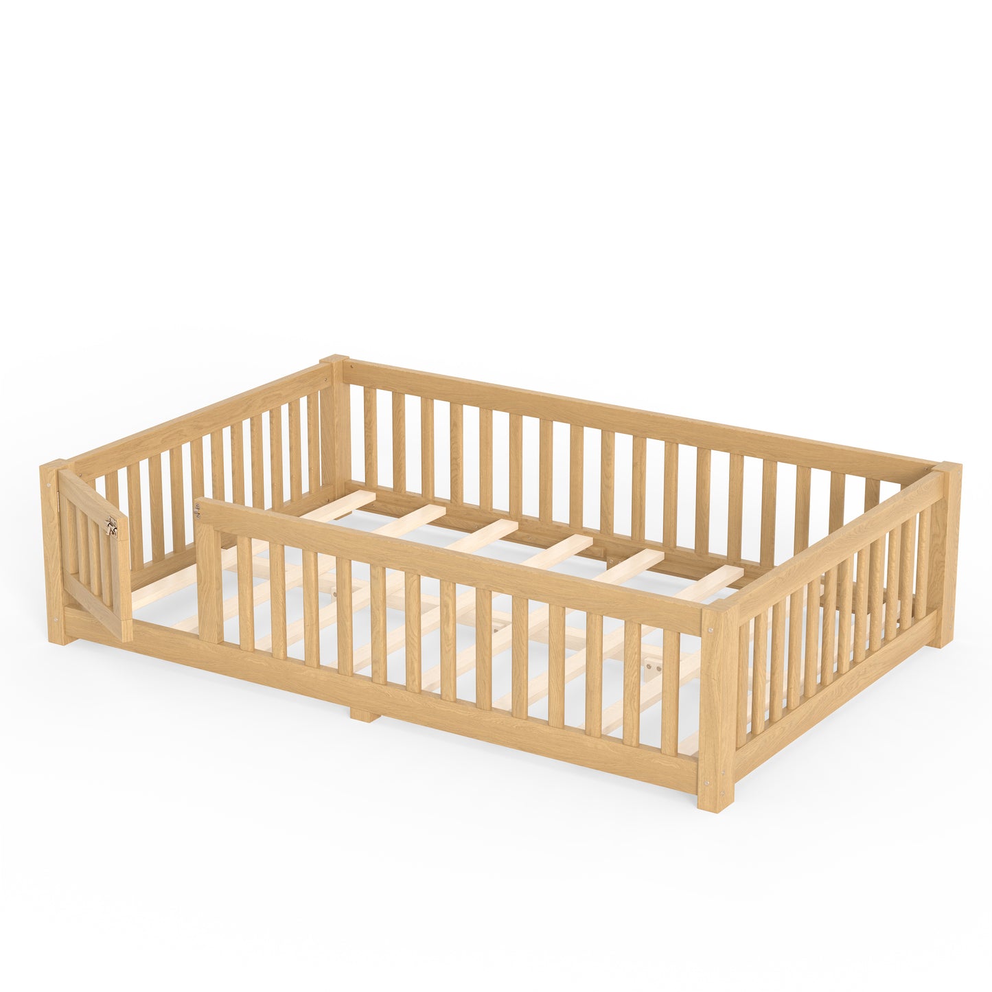 variant-group:rf-w1580p462323|Roomfitters Full Size Wooden Floor Bed Frame with Safety Guardrails Door, Solid Wood Low Profile Toddler Play Bed, Natural